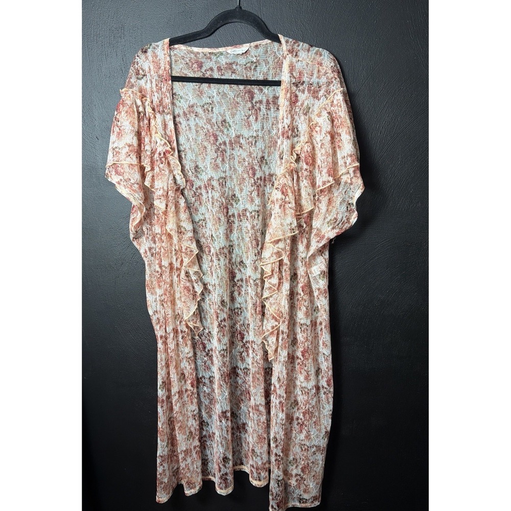 Cato Womens Pink Floral Sheer Lace Ruffle Duster Kimono Open Witchy Cottage